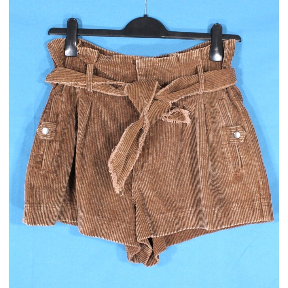 SHE + SKY Brown CORDUROY High-Waisted PLEATED Snap Pockets TIE BELT Shorts Sz M